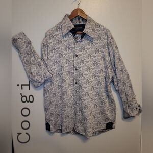 Coogi Men's Flip Cuff Gray Floral Blue Plaid Check Trim Size 3XL/19 Big & Tall